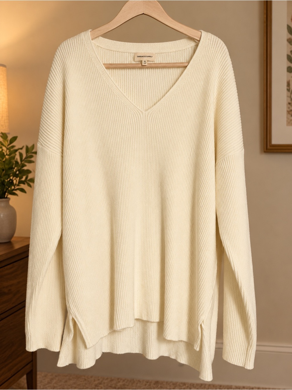 NWOT Thread & Supply Ivory Ribbed V-Neck Sweater XL